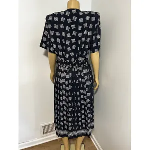 Leslie Fay Vintage Navy Blue Geometric Dot Pleated Midi Dress with Belt Size 14W thumbnail 6