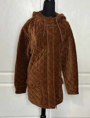 VINTAGE Brown CORDUROY Quilted Women's ZIP UP HOODED WARM Jacket thumbnail 1
