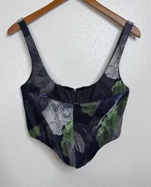 White Fox Boutique Dark Floral Corset Crop Top Green‎ Grey Black Large Zip Back thumbnail 1