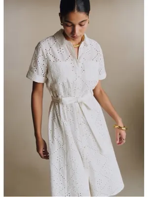 Sezane Adele Short Sleeve Embroidered Midi Dress Eyelet Collar Ecru FR 36 US 4 thumbnail 4