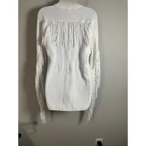 Minnie Rose White Cotton Shaker Mock Neck Zip Up Fringe‎ Jacket 8912 New thumbnail 6