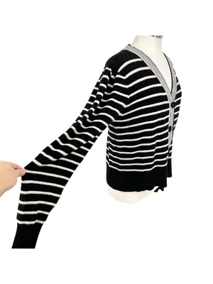 Bagatelle Striped Cardigan Sweater Preppy French Girl Black Ivory Size Large thumbnail 6