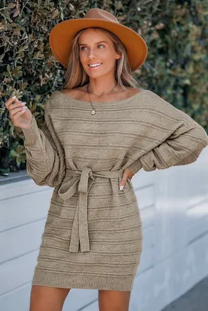 NWT Cupshe Khaki Belted Dolman Sleeve Sweater Dress - Size: Large thumbnail 1