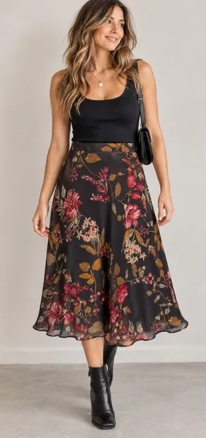 Westport 1962 Floral Chiffon Midi Skirt L Brown Burgundy Boho Y2K Romantic thumbnail 1