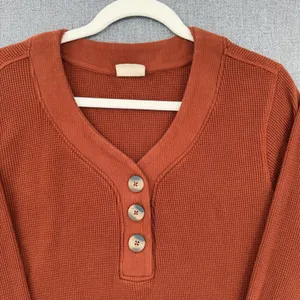 Pact Organic Cotton Waffle Knit Thermal Henley Pullover Top Rust Brown Medium thumbnail 2
