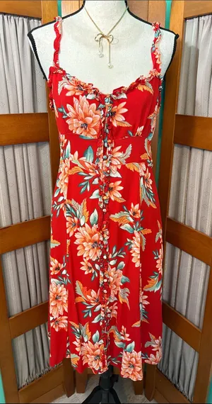 Forever 21 Red Floral Ruffled Midi Dress thumbnail 1