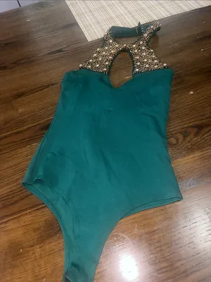 SHEIN Emerald Green Jeweled Halter Bodysuit thumbnail 1