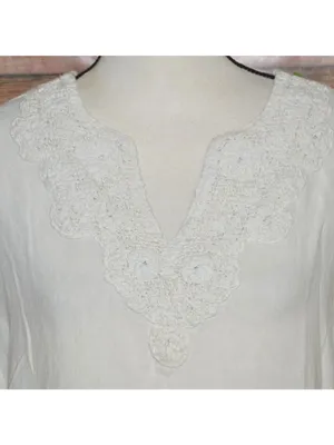 Calligraphie Linen Blend Blouse Women L Off White Crochet Embellished V Neck thumbnail 3