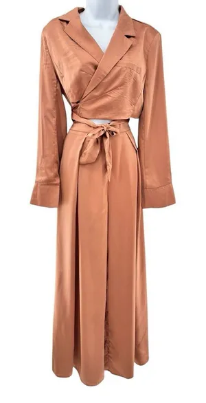 FATE 2pc Satin‎ Cropped Wrap Blazer & Wide Leg Pant Set Brown Medium Large NWT thumbnail 1