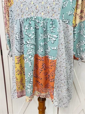 UMGEE Floral Patchwork Print‎ V Neck Chiffon Blouse Grey Multi Medium Boho thumbnail 6