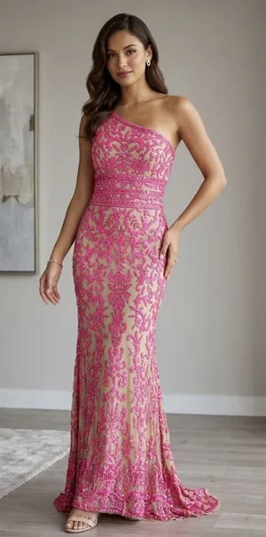 Sherri Hill 54250 One Shoulder Beaded Prom Gown Pink Nude Size 8 Dress thumbnail 1