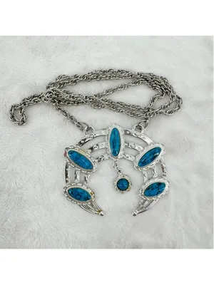Vintage Silver Tone Turquoise Necklace Crescent Moon Dangle Charm Southwestern thumbnail 2