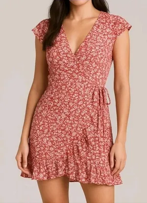 Abercrombie Orange Floral Wrap Mini Ruffle‎ Dress Size Small thumbnail 1