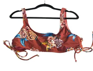 No Boundaries Bikini Top Ruched Tie Sides Floral Removable Cups Brown XL thumbnail 1