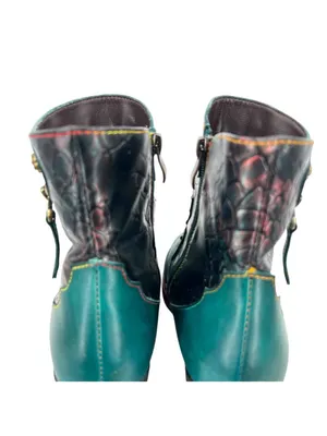 Boho Lagenlook Festival Teal Leather Ankle Boots Snake Print Stud Detail Size 42 thumbnail 11