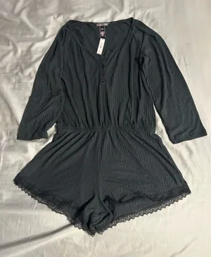 Victoria's Secret Black Long Sleeve Lace Trim Pajama Romper Size S thumbnail 1
