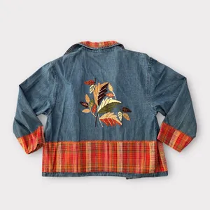 Vintage 90s Keren Hart Fall Autumn Leaf Embroidered Denim Button Down Orange M thumbnail 2