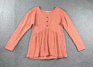Henley Babydoll Waffle Knit Peplum‎ Top Women S L/S V Neck Cottagecore Peasant thumbnail 1