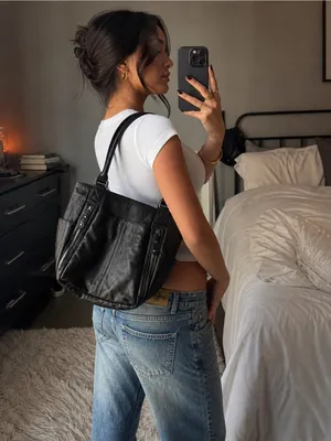 Black Genuine Leather Shoulder Bag Slouchy Tote Minimalist Everyday Purse thumbnail 2