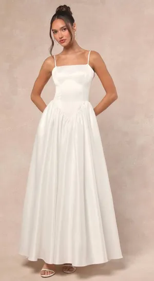 Lulus Luxe Bridal NWOT Bria White Satin Basque Waist Maxi Wedding Dress Medium thumbnail 1