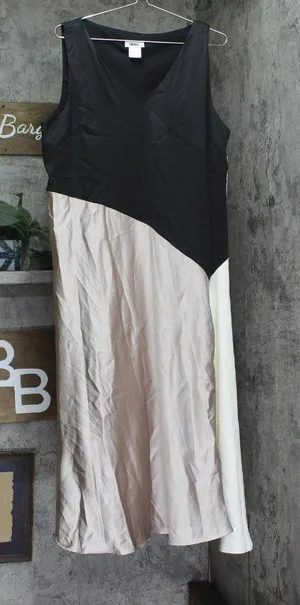 DKNY Satin Colorblocked Slip V Neck Midi Dress Black / Cloud / Eggshell 16 thumbnail 1