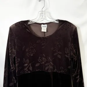 VTG Dress Brown Velvet Burnout Sz 12 Rose Print‎ A-Line Y2K 90s Long Sleeve 1590 thumbnail 4