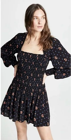 Free People Two Faces Smocked Mini Dress Black Floral Long Sleeve Large thumbnail 1