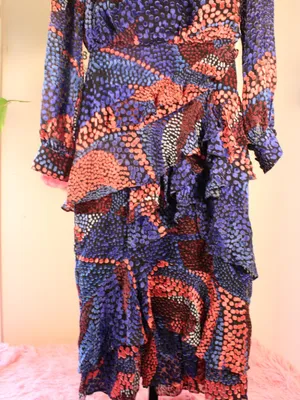 SALONI Blue Isa Ruffle Velvet Burnout Midi Dress US 2 UK 6 MSRP $850 thumbnail 5