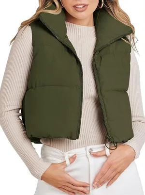 Olive green cropped puffer vest full zip large thumbnail 1