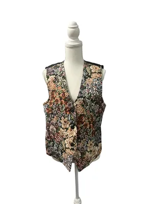 Cabin Creek Colorful Floral Botanical Tapestry Vest Medium Black Back w/Tie thumbnail 2