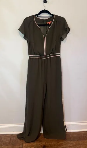 MODCLOTH NWOT Olive Green Jumpsuit with Pink Trim thumbnail 1