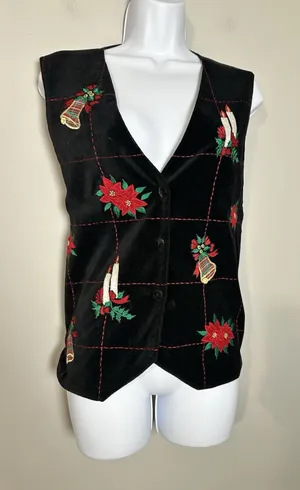 Vintage‎ Oak Hill Christmas Vest Velvet Embroidered Poinsettia Bells Size XL thumbnail 1