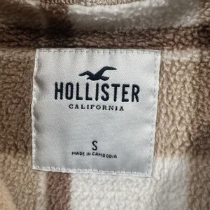 Hollister Womens Small Cropped Fleece Hoodie Jacket Plaid Beige Brown Full Zip thumbnail 12