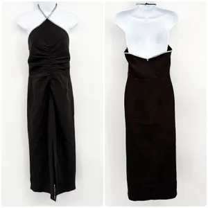 NWT Halston Womens Piper Crystal Trim Crepe Ruched Midi Halter Dress Black 6 thumbnail 3