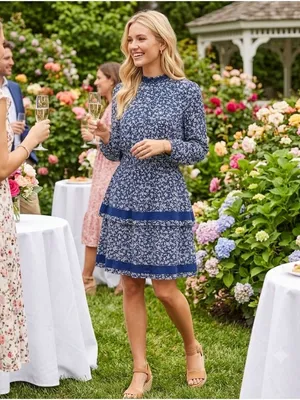 Chelsea & Violet Mini Floral Print Tiered Ruffle Long Sleeve Dress S Blue NWT thumbnail 15