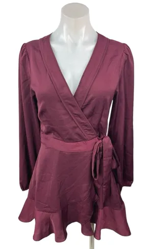 Lulus Red Maroon Long Sleeve V Neck Cocktail A Line Mini Wrap Dress Size S thumbnail 1