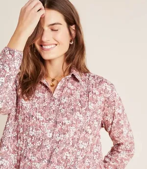 Pilcro Anthropologie Sasha Smocked Boyfriend Blouse Women's‎ XS Pink Boho Hippie thumbnail 1
