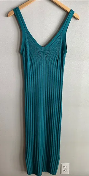 Olive + Oak Ribbed Sweater Knit Midi Dress Teal Side Slit Stretch L thumbnail 1