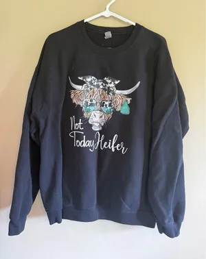 Gildan‎ Not Today Heifer Highland Cow Black Crewneck Sweatshirt XL Womens thumbnail 1
