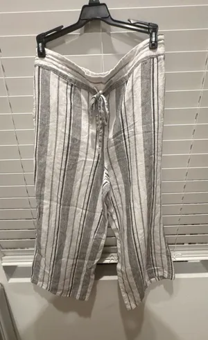 Per Se Striped Pants Size PM Linen Blend Drawstring Crop thumbnail 1