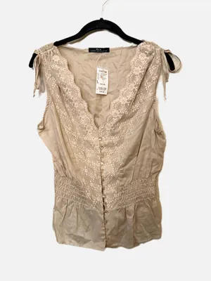 Y2K Vintage Rampage Bohemian Beige Lace-Trim Button Front Sleeveless Top thumbnail 3