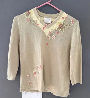 Christopher & Banks Vintage Cottage Green Floral Hand Embroidered Beaded Sweater thumbnail 1