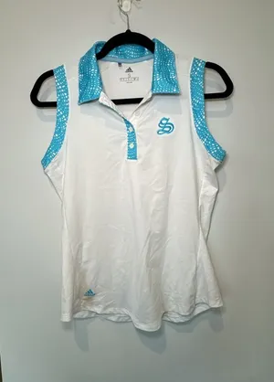 Adidas Women's White Blue Sleeveless Golf Polo Shirt Size S thumbnail 1
