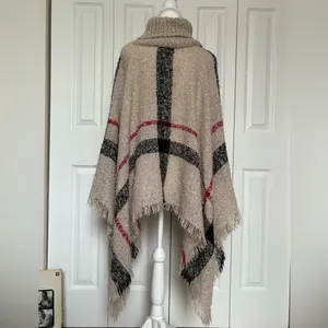 Turtleneck Tan Plaid Shaggy Tassel Poncho Cape One Size thumbnail 2