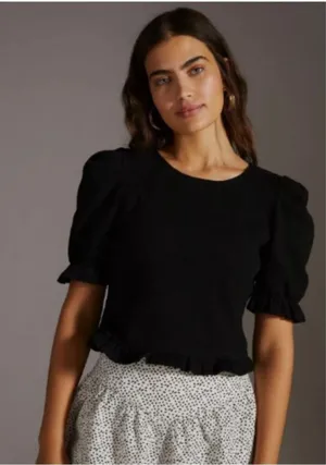 Maeve Anthropologie Black Puff Sleeve Tie Back Ruffle Hem Ribbed Top XS thumbnail 1