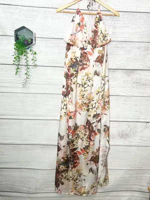 L'ATISTE Cream Floral Satin Halter Maxi Dress with Slit Size Large thumbnail 12