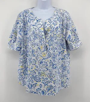 Ann Taylor NWT Women M Blue Yellow Floral Short Sleeve Split Neck Blouse Top thumbnail 1