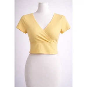 SO Pale Yellow Surplice V Neck Crop Top Y2K Coquette Pastel Small thumbnail 2