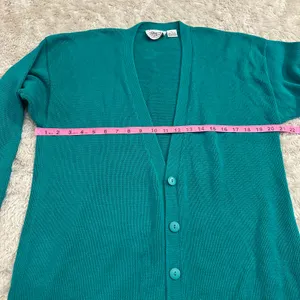 Vintage 90s Nordstrom 100% Cotton Knit Teal Button Up Vneck Cardigan Drop Sleeve thumbnail 5