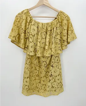 Poema Yellow Lace Floral Off Should Tunic Top Mini Dress Layered Women Small/Med thumbnail 1